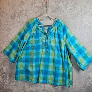 Catherines Plaid Peasant Top Womens 3X Turquoise Green silver Embroidery peasant